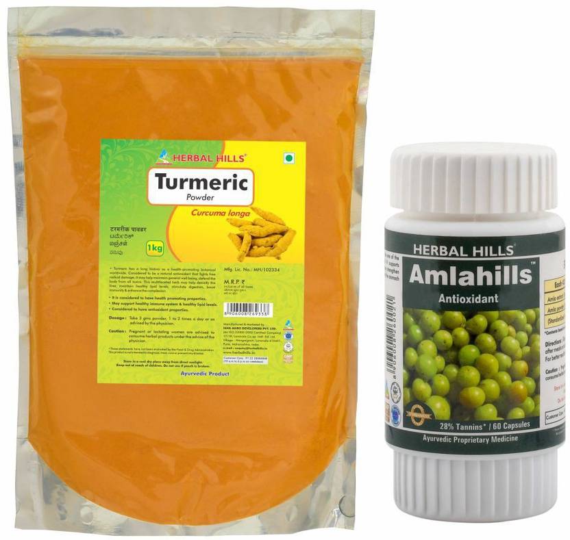 Herbal Hills Turmeric Powder 1 Kg and Amla Capsules 60 Natural Blood