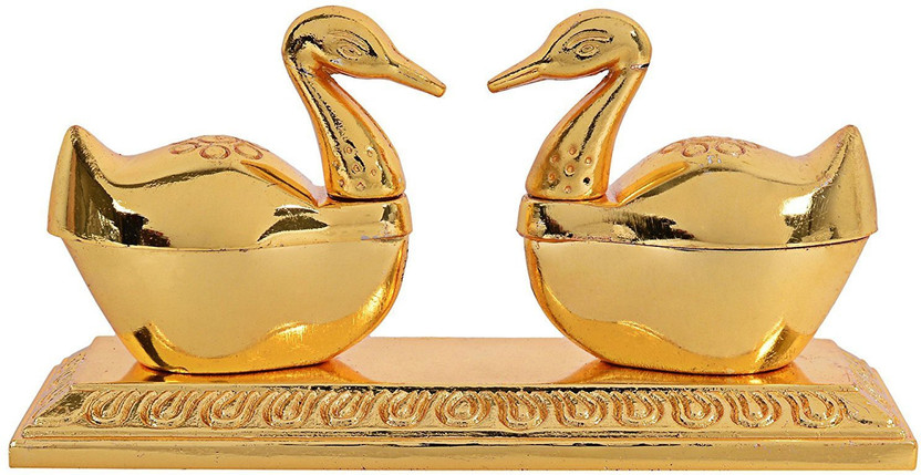 Gyanoday Creations Double Swan Chandan Roli Chopda, Chawal-Akshat-Haldi, Kumkum Box Pair with Loving Bird Duck Pair Chopda for Gift and Pooja Purpose Decorative Showpiece - 5 cm (Aluminium, Gold) Decorative Showpiece  -  6 cm(Aluminium, Gold)