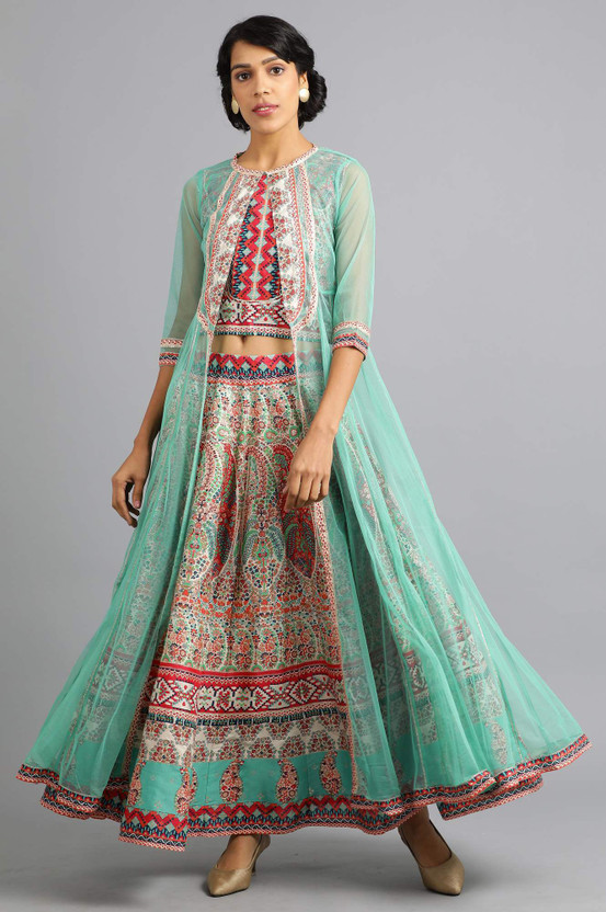 Women Ethnic Jacket, Top and Skirt Set 