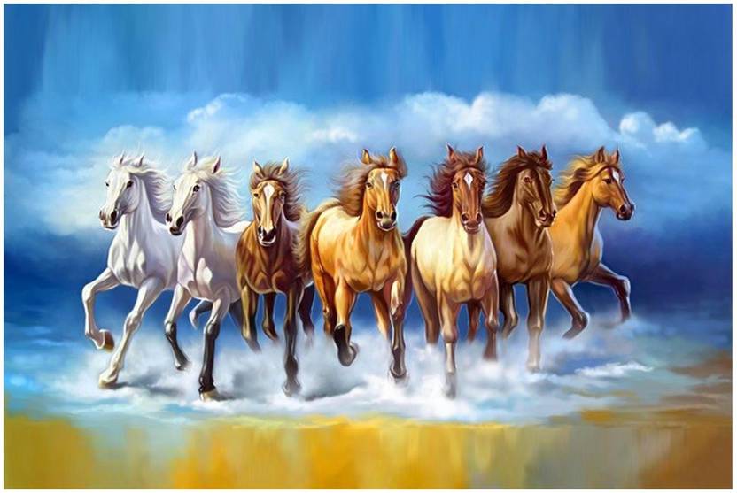 'vastu Poster'' White 7 Horse vastu Painting, beautiful Seven Horse