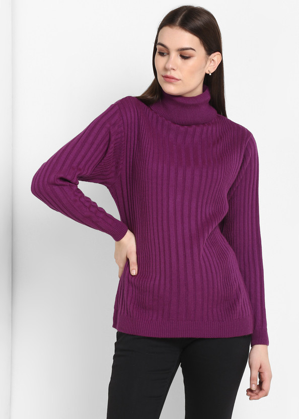 High Neck Casual Women Purple Sweater 