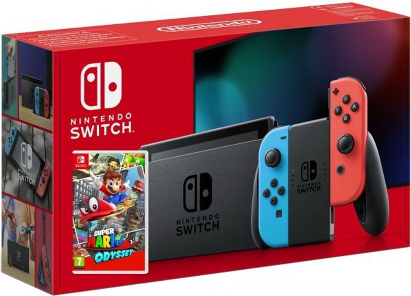 NINTENDO Switch with neon red and neon blue Joy?Con - Version 2 32 GB with Super Mario Odyssey(Black)