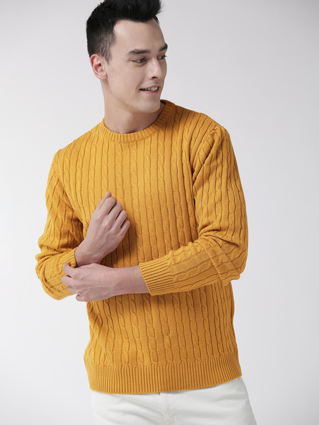 Round Neck Casual Men Yellow Sweater 