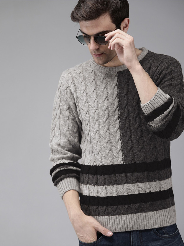 Round Neck Casual Men Grey Sweater 