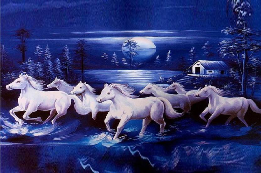 ''vastu Poster'' White 7 Horse vastu Painting, beautiful Seven Horse