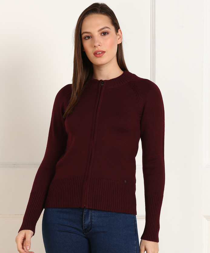 High Neck Casual Women Maroon Sweater 