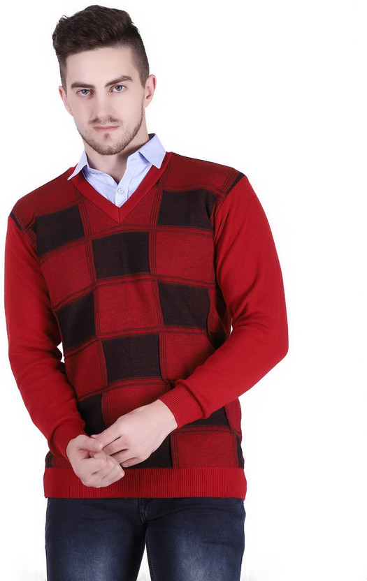 V Neck Formal Men Red, Black Sweater 