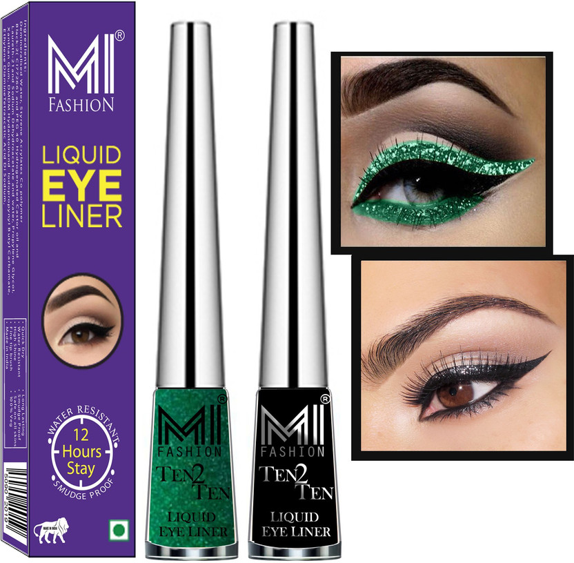 MI FASHION Quick Dry Liquid Long Stay High Shine Combo of 2 Pcs Water Resistent Cruelty Free 8 ml(Black,Shimmer Green)