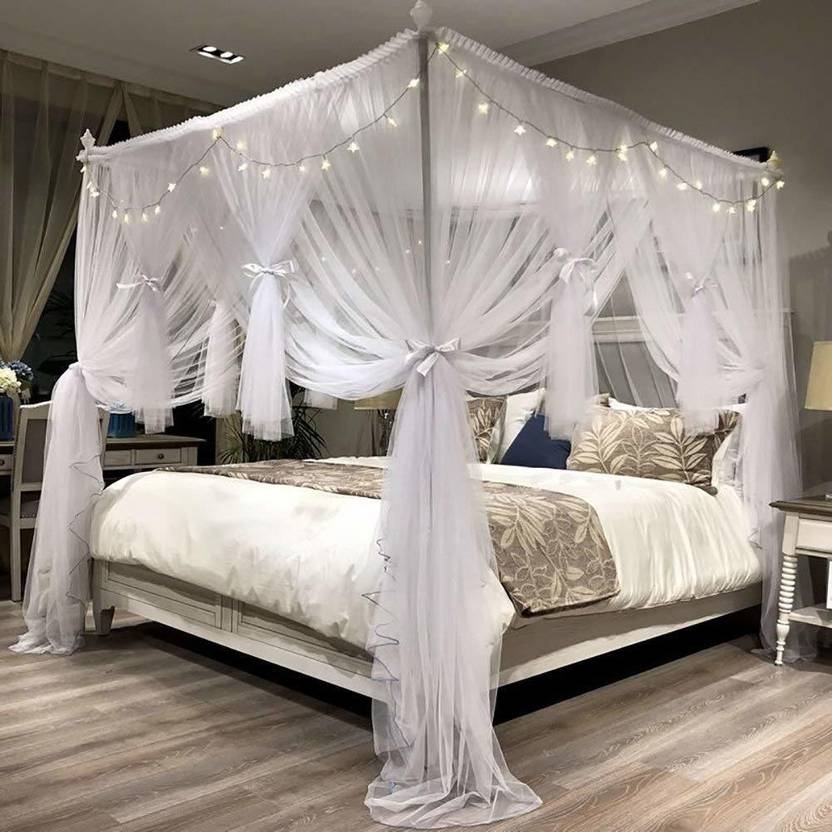 DIVAYANSHI Nylon Adults White 4 Corners Post Canopy Bed Curtain Royal