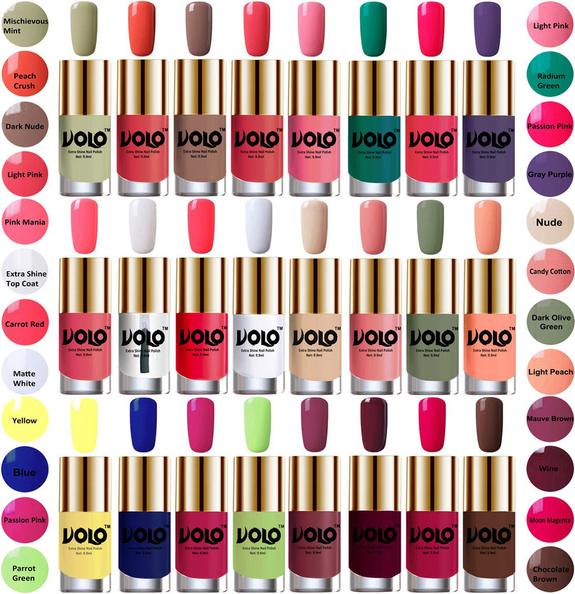 Volo Wholesale Deal Long Lasting Premium Nail Polish Combo No-31 Mischievous Mint, Peach Crush, Dark Nude, Light Pink, Light Pink, Radium Green, Passion Pink, Gray Purple, Pink Mania, Extra Shine Top Coat, Carrot Red, Matte White, Nude, Candy Cotton, Dark Olive Green, Light Peach, Yellow, Royal Blue