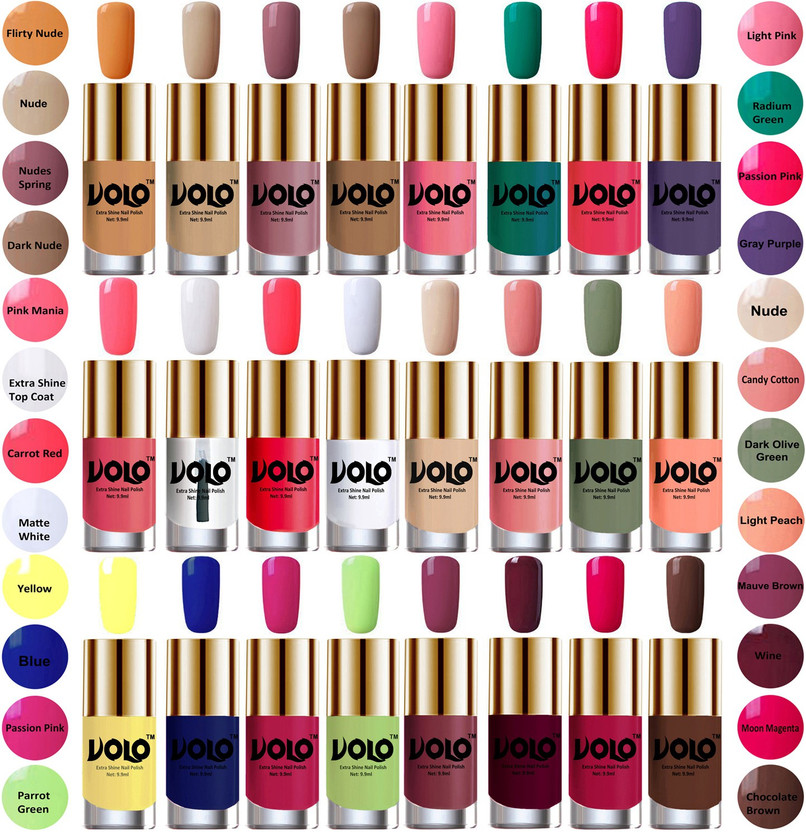 Volo Wholesale Deal Long Lasting Premium Nail Polish Combo No-10 Flirty Nude, Nude, Nudes Spring, Dark Nude, Light Pink, Radium Green, Passion Pink, Gray Purple, Pink Mania, Extra Shine Top Coat, Carrot Red, Matte White, Nude, Candy Cotton, Dark Olive Green, Light Peach, Yellow, Royal Blue, Passion 