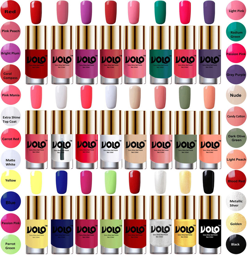 Volo Wholesale Deal Long Lasting Premium Nail Polish Combo No-32 Red, Pink Peach, Bright Plum, Coral Compass, Light Pink, Radium Green, Passion Pink, Gray Purple, Pink Mania, Extra Shine Top Coat, Carrot Red, Matte White, Nude, Candy Cotton, Dark Olive Green, Light Peach, Yellow, Royal Blue, Passion