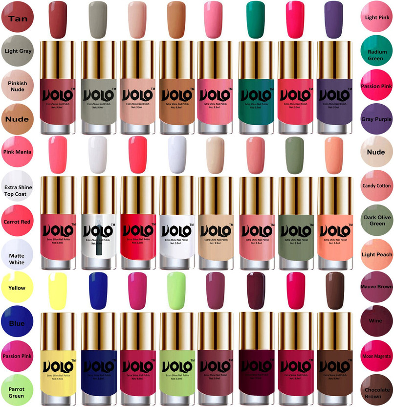 Volo Wholesale Deal Long Lasting Premium Nail Polish Combo No-13 Tan, Light Gray, Pinkish Nude, Nude, Light Pink, Radium Green, Passion Pink, Gray Purple, Pink Mania, Extra Shine Top Coat, Carrot Red, Matte White, Nude, Candy Cotton, Dark Olive Green, Lig
