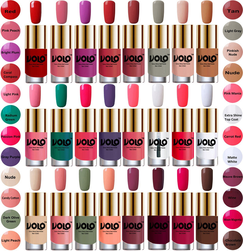 Volo Wholesale Deal Long Lasting Premium Nail Polish Combo No-28 Red, Pink Peach, Bright Plum, Coral Compass, Tan, Light Gray, Pinkish Nude, Nude, Light Pink, Radium Green, Passion Pink, Gray Purple, Pink Mania, Extra Shine Top Coat, Carrot Red, Matte Whi