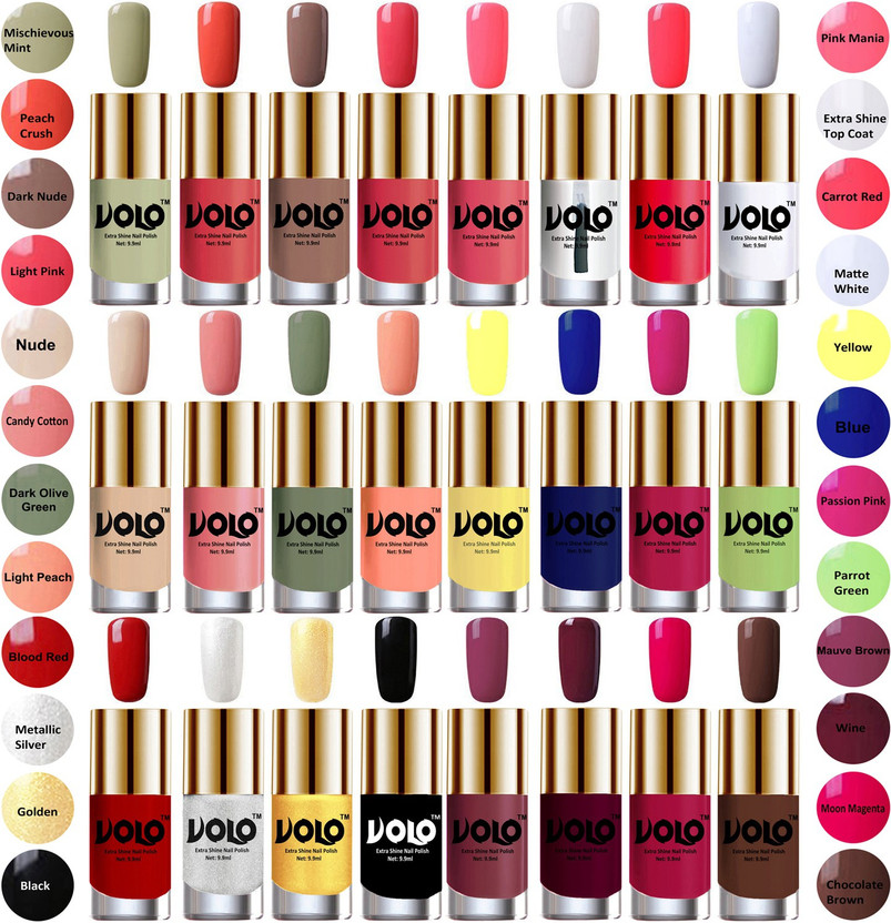 Volo Volo Wholesale Deal Long Lasting Premium Nail Polish Combo No-34 Mischievous Mint, Peach Crush, Dark Nude, Light Pink, Pink Mania, Extra Shine Top Coat, Carrot Red, Matte White, Nude, Candy Cotton, Dark Olive Green, Light Peach, Yellow, Royal Blue, Passion Pink, Parrot Green, Blood Red, Metallic Sil - Flipkart Deal