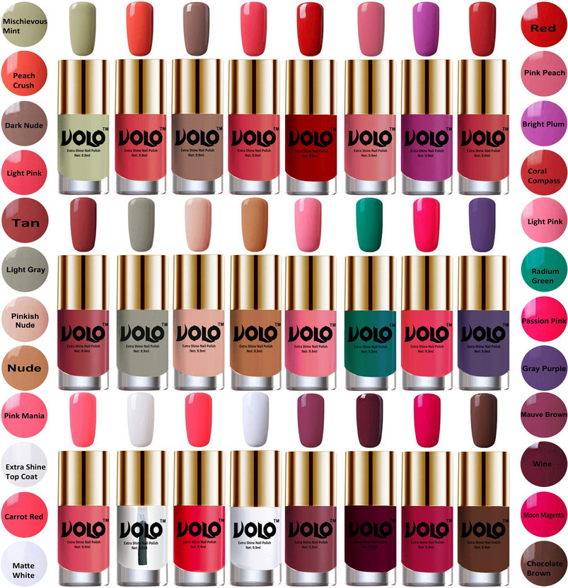 Volo Wholesale Deal Long Lasting Premium Nail Polish Combo No-14 Mischievous Mint, Peach Crush, Dark Nude, Light Pink, Red, Pink Peach, Bright Plum, Coral Compass, Tan, Light Gray, Pinkish Nude, Nude, Light Pink, Radium Green, Passion Pink, Gray Purple, Pink Mania, Extra Shine Top Coat, Carrot Red, 