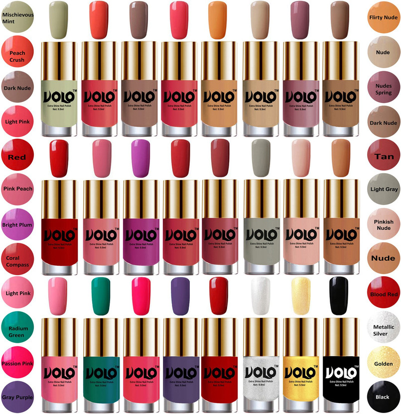 Volo Wholesale Deal Long Lasting Premium Nail Polish Combo No-12 Mischievous Mint, Peach Crush, Dark Nude, Light Pink, Flirty Nude, Nude, Nudes Spring, Dark Nude, Red, Pink Peach, Bright Plum, Coral Compass, Tan, Light Gray, Pinkish Nude, Nude, Light Pink, Radium Green, Passion Pink, Gray Purple, Bl