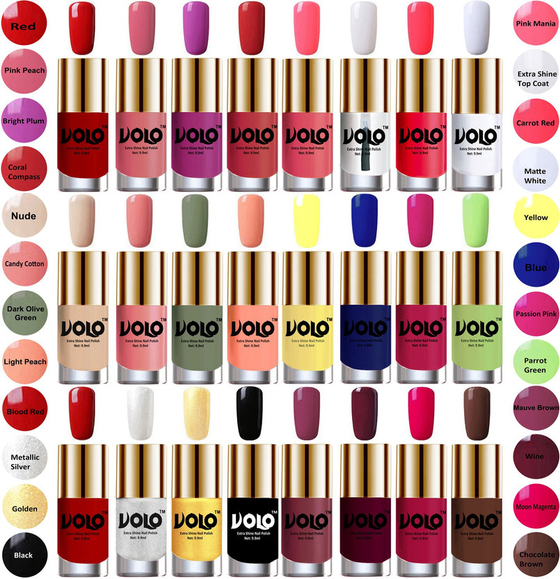 Volo Wholesale Deal Long Lasting Premium Nail Polish Combo No-04 Red, Pink Peach, Bright Plum, Coral Compass, Pink Mania, Extra Shine Top Coat, Carrot Red, Matte White, Nude, Candy Cotton, Dark Olive Green, Light Peach, Yellow, Royal Blue, Passion Pink, Parrot Green, Blood Red, Metallic Silver, Gold