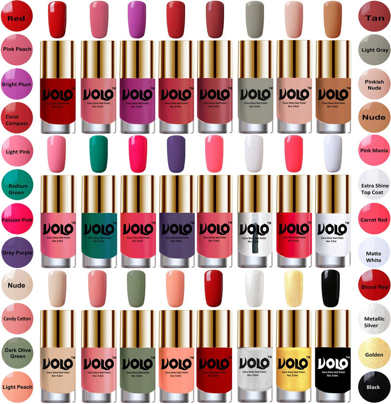 Volo Wholesale Deal Long Lasting Premium Nail Polish Combo No-24 Red, Pink Peach, Bright Plum, Coral Compass, Tan, Light Gray, Pinkish Nude, Nude, Light Pink, Radium Green, Passion Pink, Gray Purple, Pink Mania, Extra Shine Top Coat, Carrot Red, Matte White, Nude, Candy Cotton, Dark Olive Green, Lig