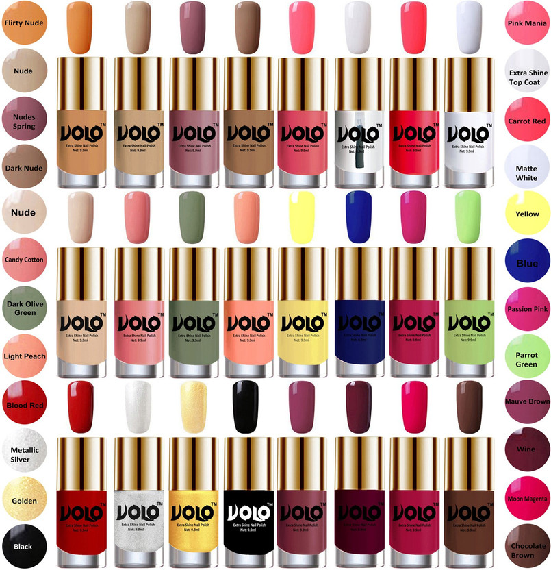 Volo Wholesale Deal Long Lasting Premium Nail Polish Combo No-33 Flirty Nude, Nude, Nudes Spring, Dark Nude, Pink Mania, Extra Shine Top Coat, Carrot Red, Matte White, Nude, Candy Cotton, Dark Olive Green, Light Peach, Yellow, Royal Blue, Passion Pink, Parrot Green, Blood Red, Metallic Silver, Golde