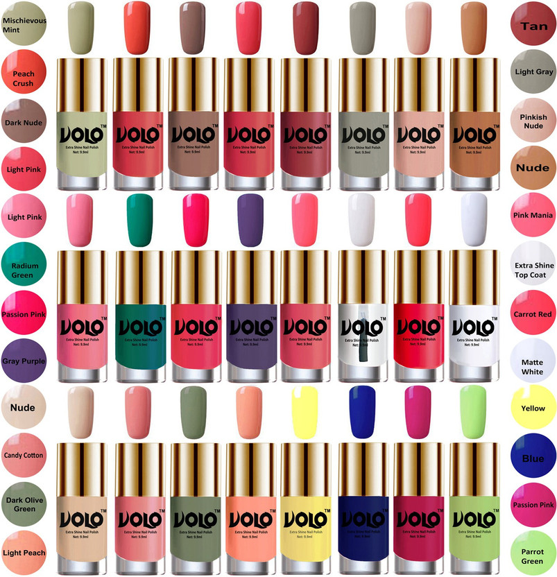 Volo Wholesale Deal Long Lasting Premium Nail Polish Combo No-08 Mischievous Mint, Peach Crush, Dark Nude, Light Pink, Tan, Light Gray, Pinkish Nude, Nude, Light Pink, Radium Green, Passion Pink, Gray Purple, Pink Mania, Extra Shine Top Coat, Carrot Red, Matte White, Nude, Candy Cotton, Dark Olive G