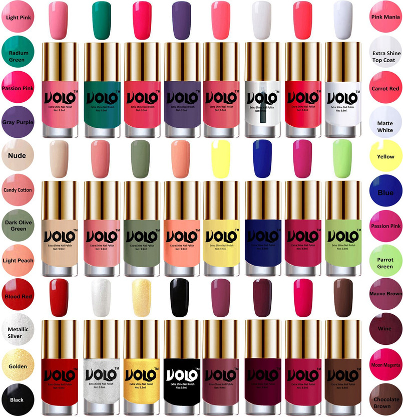 Volo Wholesale Deal Long Lasting Premium Nail Polish Combo No-01 Light Pink, Radium Green, Passion Pink, Gray Purple, Pink Mania, Extra Shine Top Coat, Carrot Red, Matte White, Nude, Candy Cotton, Dark Olive Green, Light Peach, Yellow, Royal Blue, Passion Pink, Parrot Green, Blood Red, Metallic Silv
