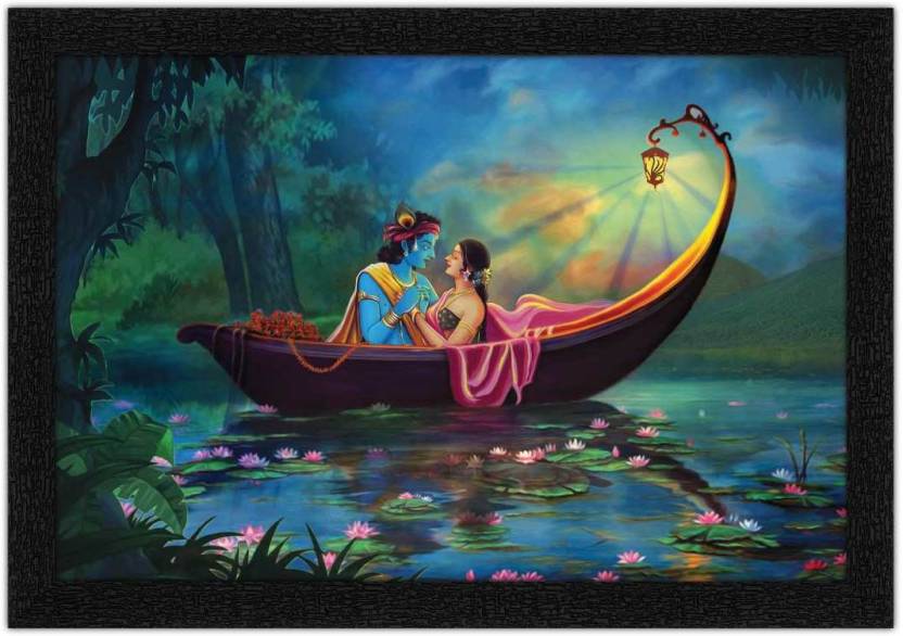Art Amori Radha Krishna On Boat Painting with Synthetic Frame Digital