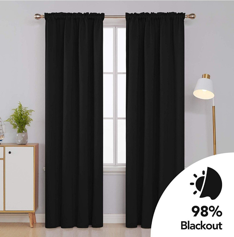 COMFY HOME 213.3 cm (7 ft) Door Silk Blackout Curtain (Pack Of 2)(Black, Plain)