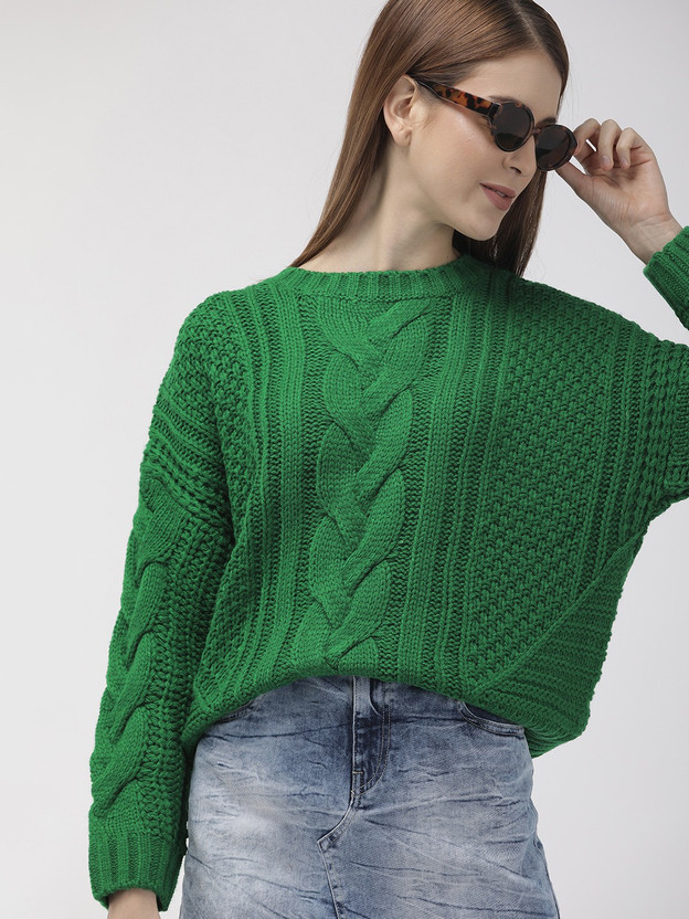 Round Neck Casual Women Green Sweater 