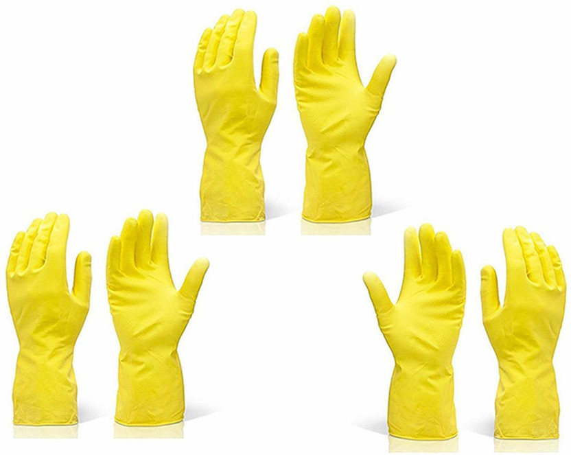 GLAMAXY Hand Care Flocklined Household Gloves Waterproof Cleaning Gloves for Kitchen, Dish Washing, Laundry Yellow 3 pairs Wet and Dry Glove Set(Medium Pack of 3)