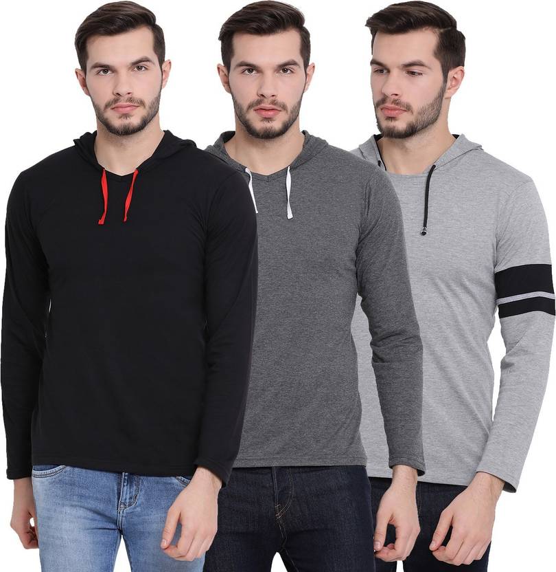 VIMAL JONNEY Pack of 3 Men Self Design, Printed, Solid Hooded Neck Black, Grey T-Shirt