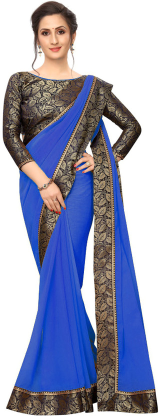Online Online Bazaar Solid/Plain Daily Wear Georgette, Chiffon Saree(Dark Blue) - Flipkart Deal