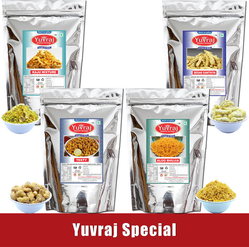 Yuvraj Food Product Snacks Quality Bikaneri Namkeen kaju mixture , Aloo bhujiya , besan ganthiya , Testy combo pack of 4 (200 gm * 4 ) Gathiya(4 x 200 g)