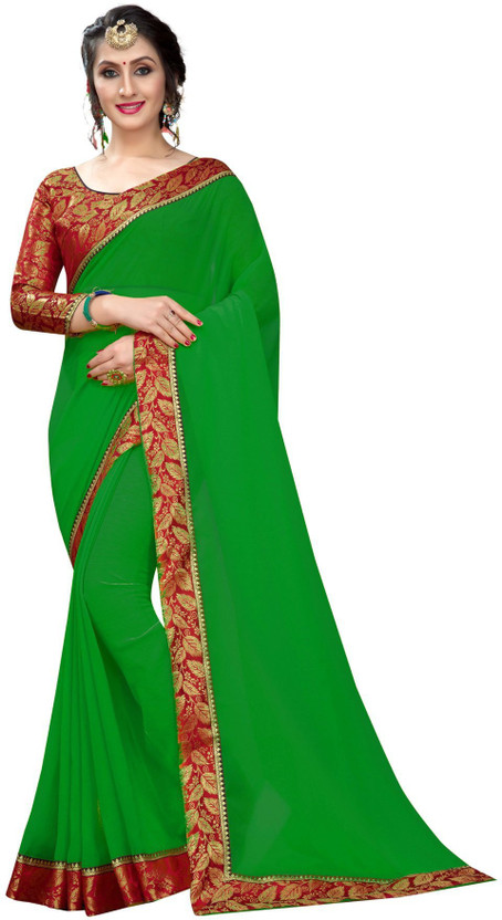 Online Online Bazaar Solid/Plain Daily Wear Georgette, Chiffon Saree(Dark Green) - Flipkart Deal