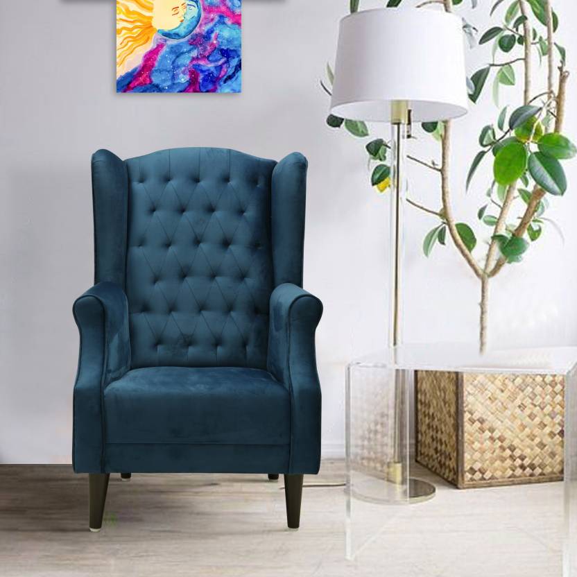 Flipkart Perfect Homes Beleza Tufted Blue Wing Chair Solid Wood Living