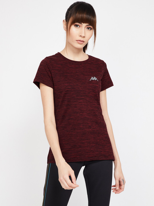 Kappa Solid Women Round Neck Maroon T