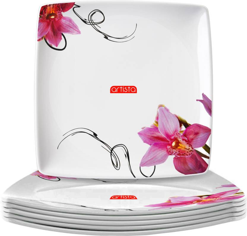 Artista Melamine Square Plates (Set of 24 Half Plates) with Pink Orchid Flower Design Half Plate