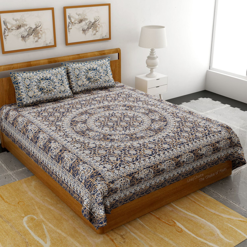 Bombay Spreads Cotton Double Flat 120 TC Printed 1 Bedsheet with 2 Pillow Covers(Blue)