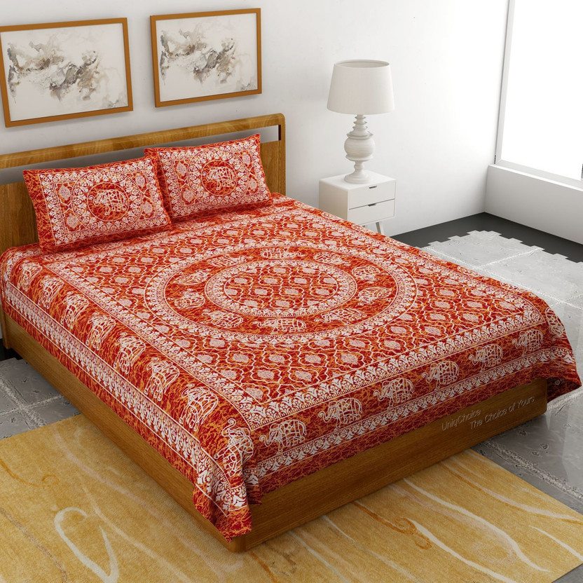 Bombay Spreads Cotton Double Flat 120 TC Printed 1 Bedsheet with 2 Pillow Covers(Red)