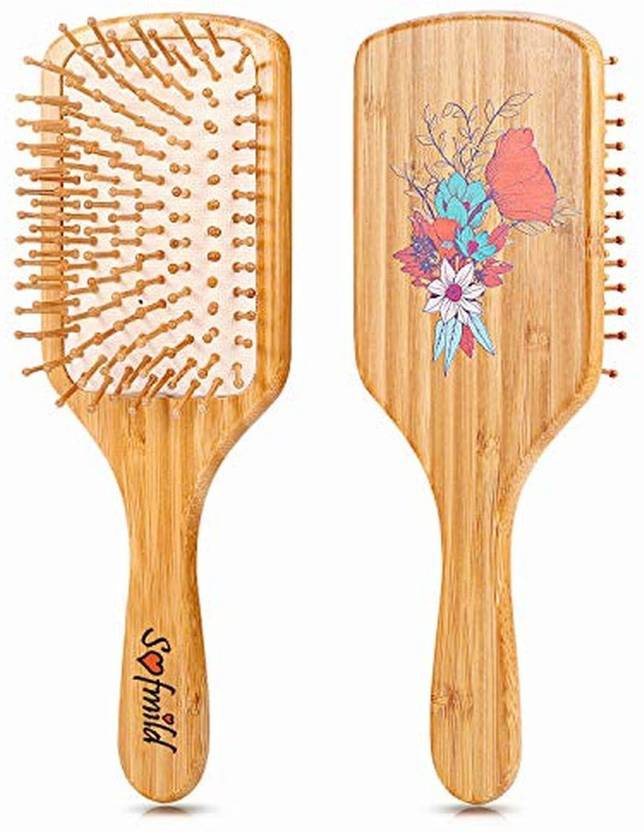 Sofmild Hair Brush Wooden Bamboo Bristle Hairbrush With Detangle Pins