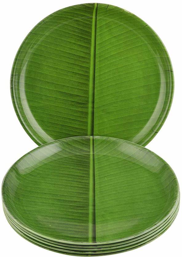 Dine With Us Microwave Safe Round Banana Leaf Print Green Melamine