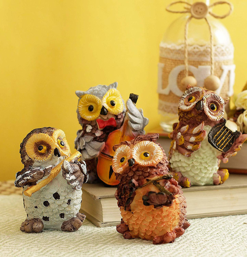 Xeekart Set of 4 Owls Playing Musical Instruments Showpiece Figurines Garden Statues Decoration Decorative Showpiece  -  9 cm(Polyresin, Multicolor)