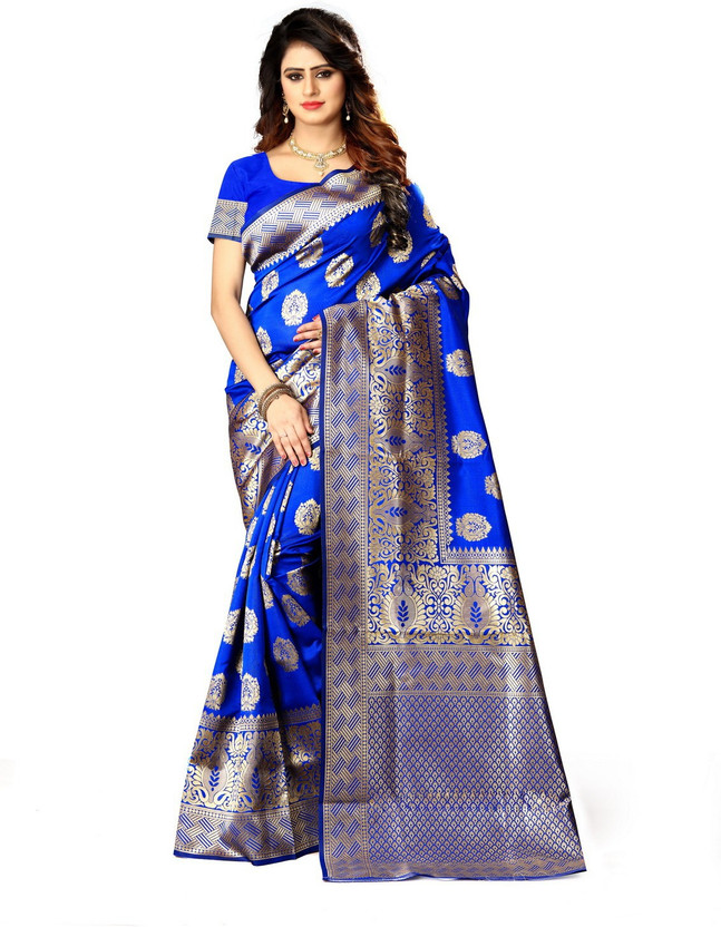 Shoppershopee Self Design Kanjivaram Silk Blend Saree(Blue)