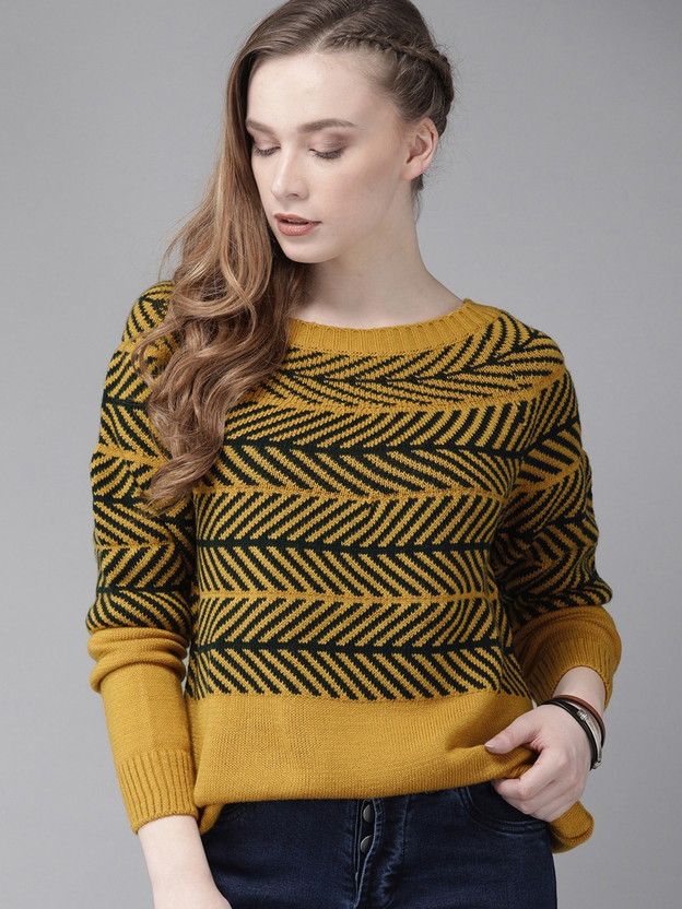 Round Neck Casual Women Yellow Sweater 