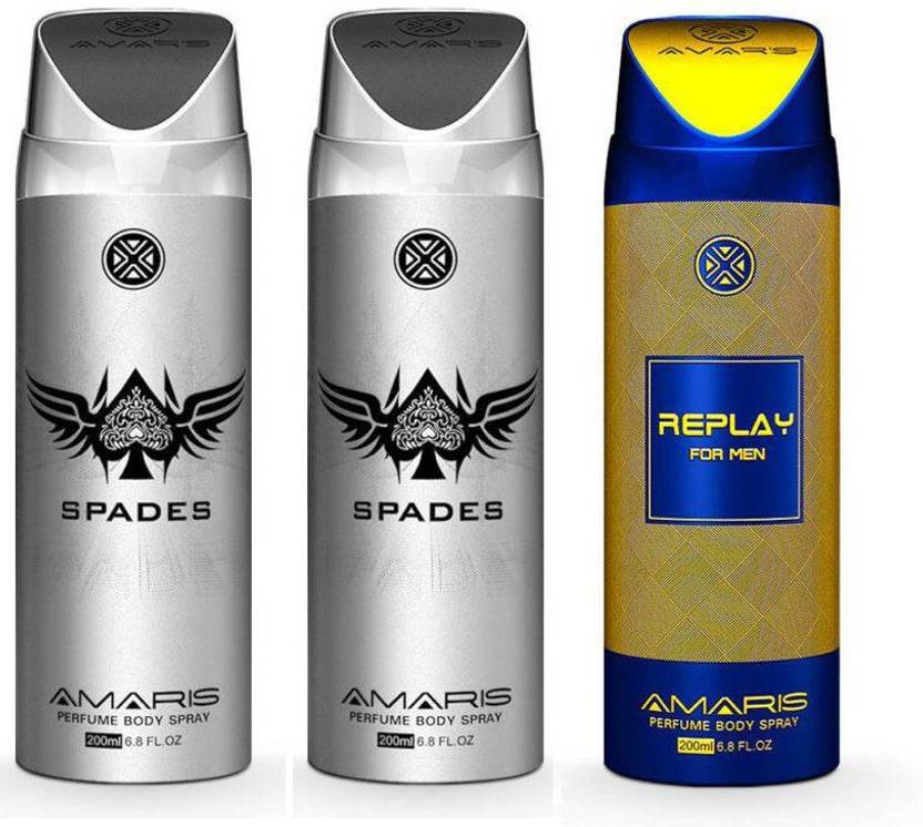 AMARIS 2 SPADES & 1 REPLAY MEN DEO 200ML EACH 04 Perfume Body Spray For Men & Women Price