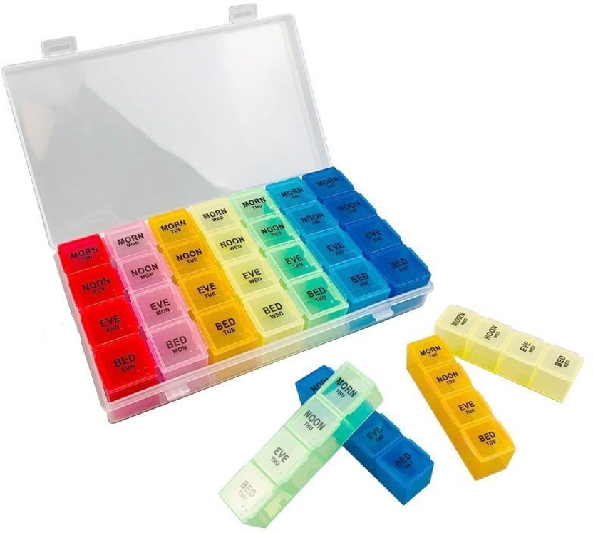FLOVEIN 4 TIMES DAILY MULTICOLOR DETACHABLE 7 DAY WEEKLY PILL ORGANIZER BOX Pill Box(MULTICOLOR PILL CASES, TRANSPARENT BOX)