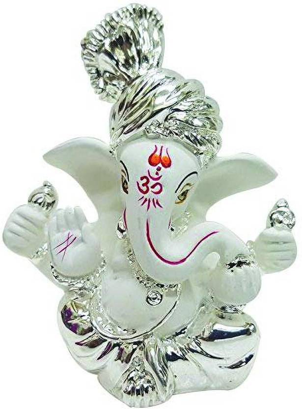 SARJAN Ganesh idols for car dashboard Silver Plated White Terracotta Pagdi Ganesha Online/ God