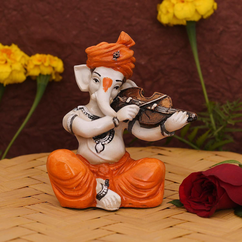 Collectible India Ganesha Idol Playing Musical Instruments Decorative Showpiece  -  13 cm(Polyresin, Multicolor)