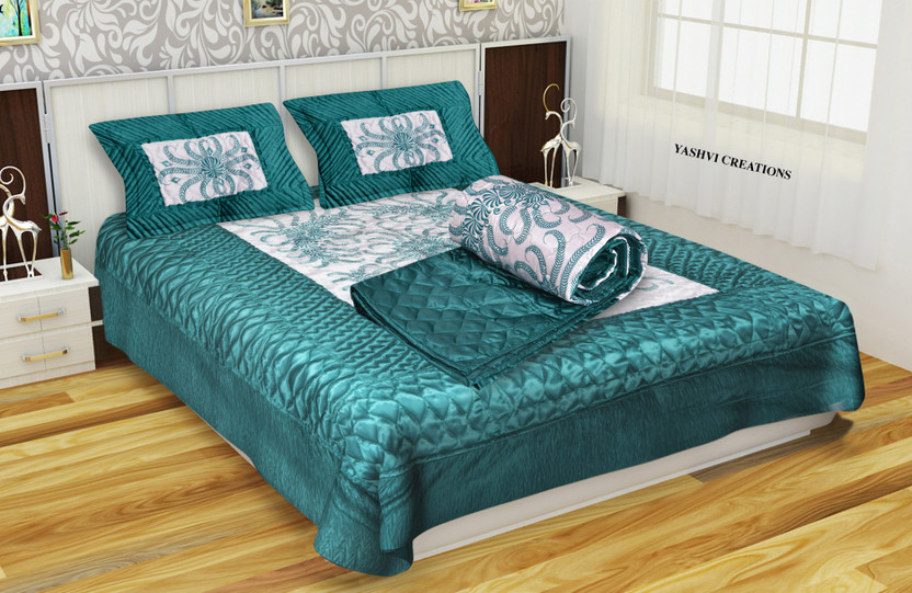 Yashvi Creations Satin King Sized Bedding Set(Rama Green, 1 Bedsheet, 2 Pillow Covers, 1 Quilt)