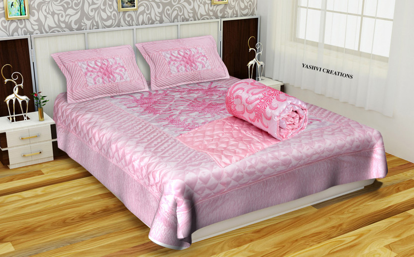 Yashvi Yashvi Creations Satin King Sized Bedding Set(Light Pink, 1 Bedsheet, 2 Pillow Covers, 1 Quilt) - Flipkart Deal